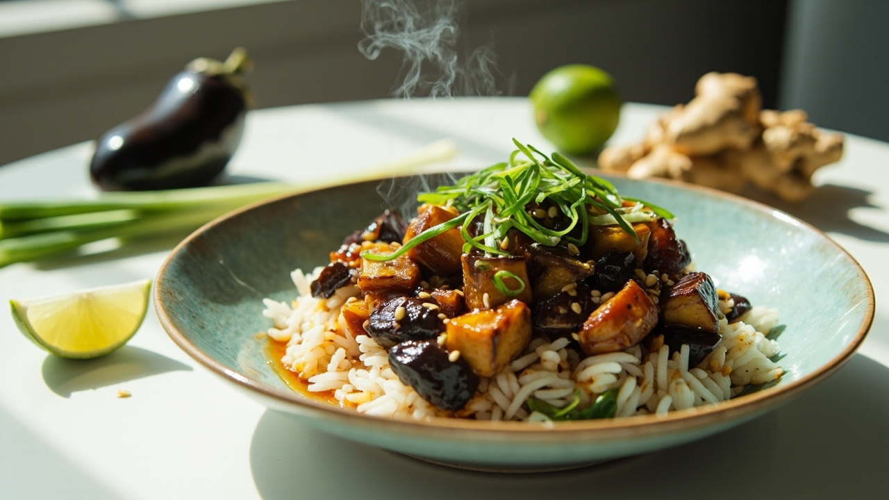 Sesame‑Glazed Eggplant over Jasmine Rice