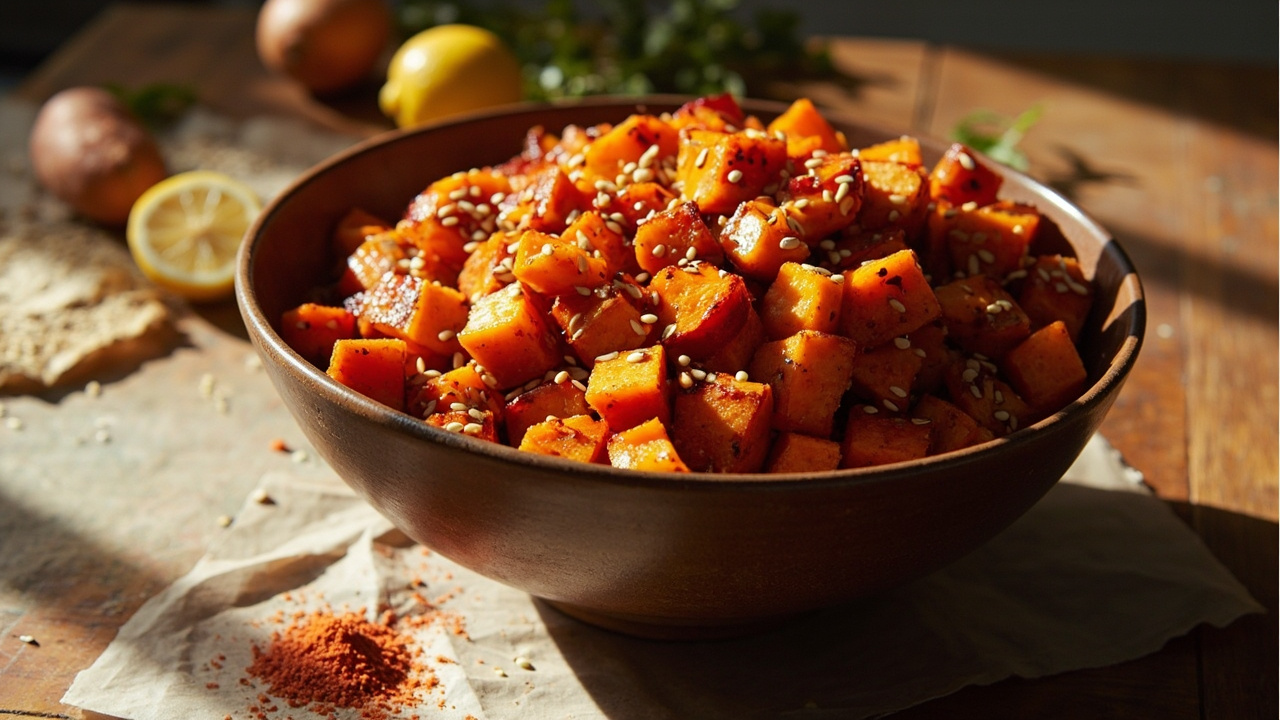 Sesame Roasted Sweet Potato with Lemon and Cayenne