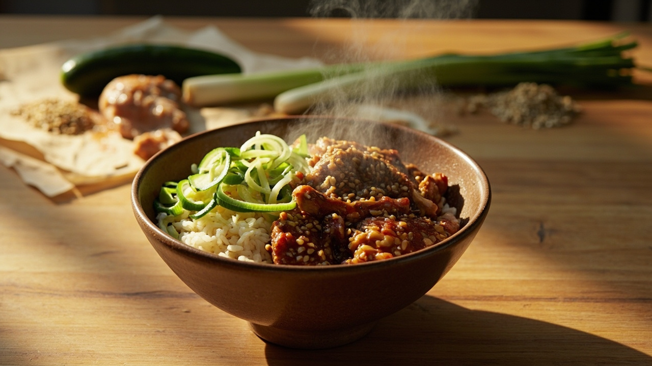 Sesame Soy Chicken Thigh Bowl with Quick Pickled Cucumber
