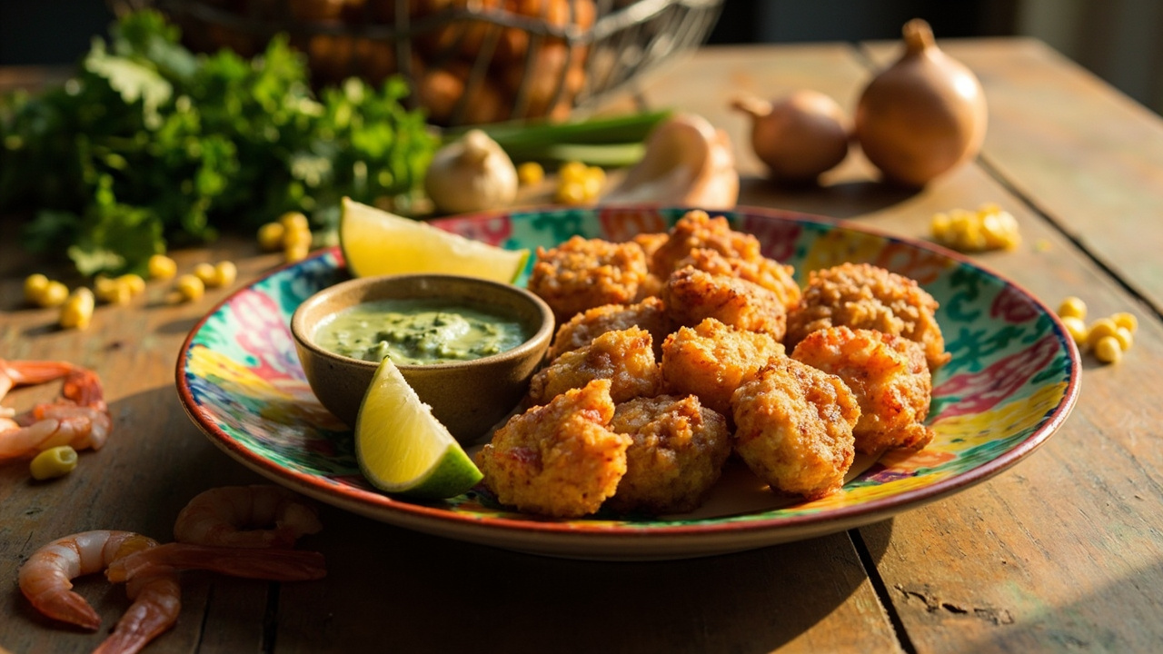 Shrimp and Corn Fritters with Lime Cilantro Dip