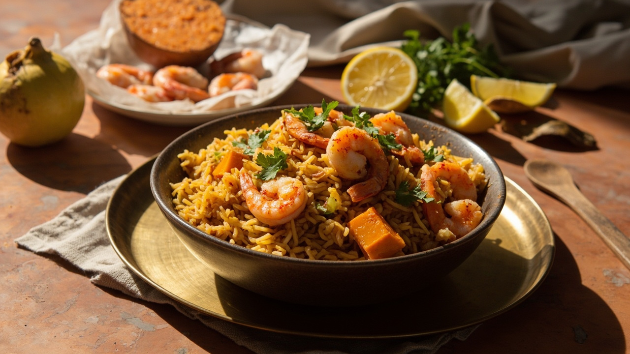 Shrimp and Sweet Potato Jollof Skillet