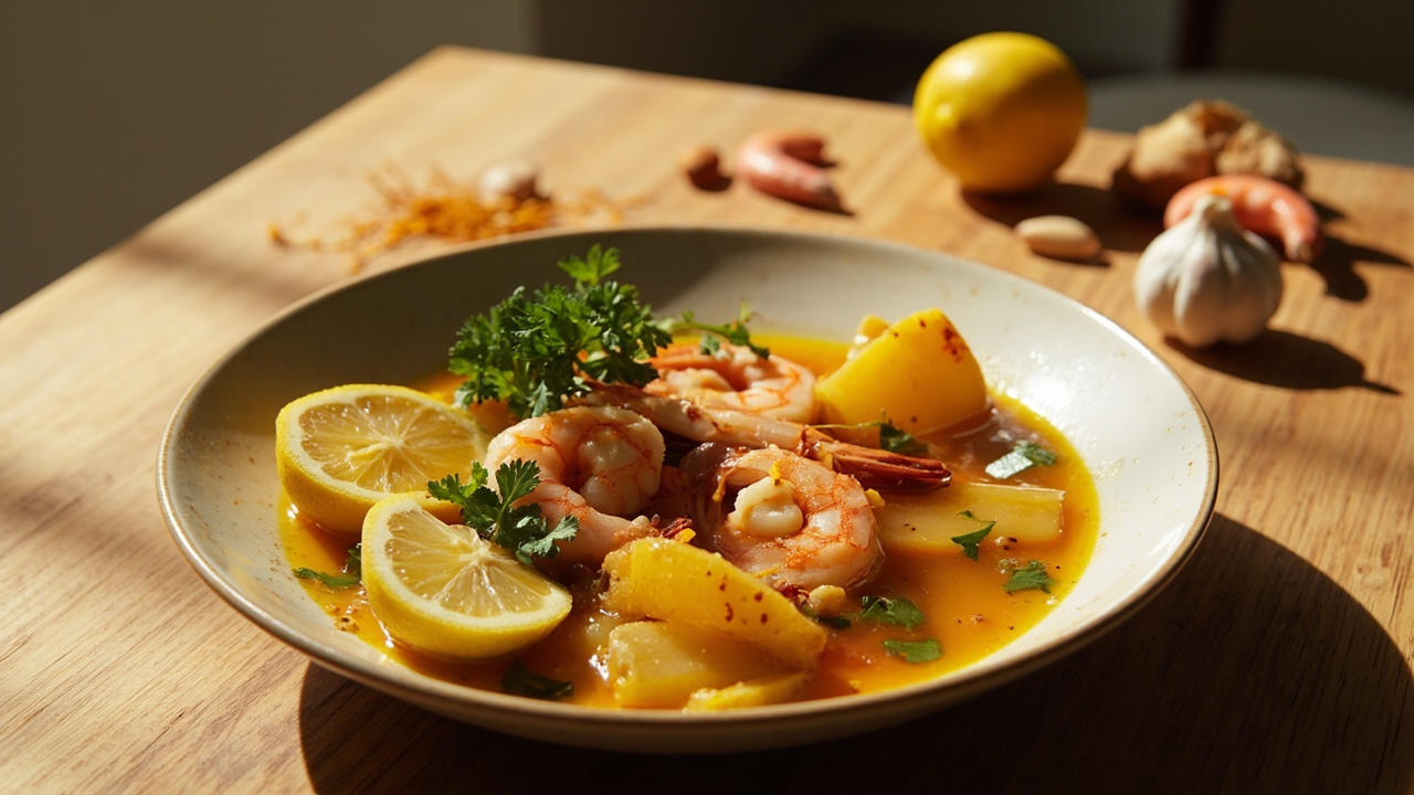 Shrimp Braised with Saffron Broth and Potato