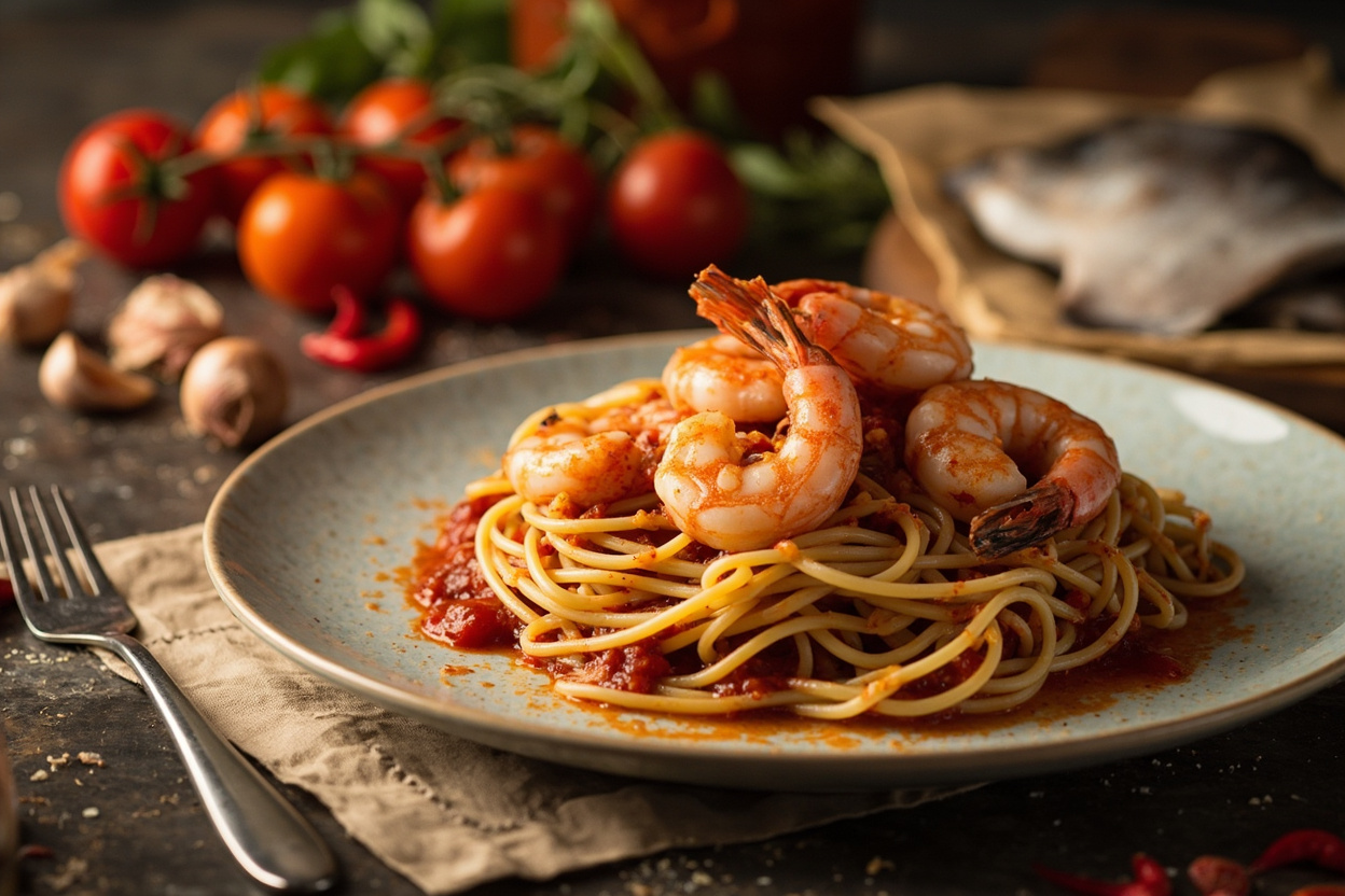 Shrimp Fra Diavolo over Spaghetti
