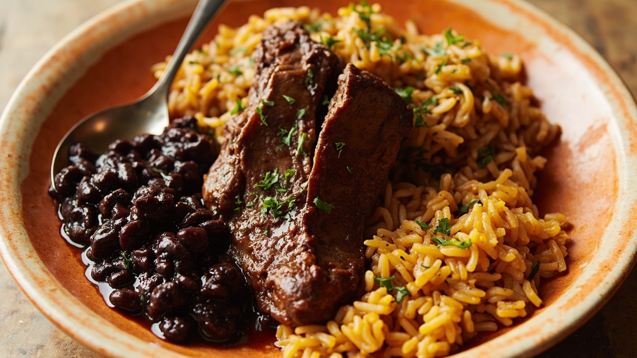 Slow-Braised Beef Steak with Black Beans and Sofrito Rice