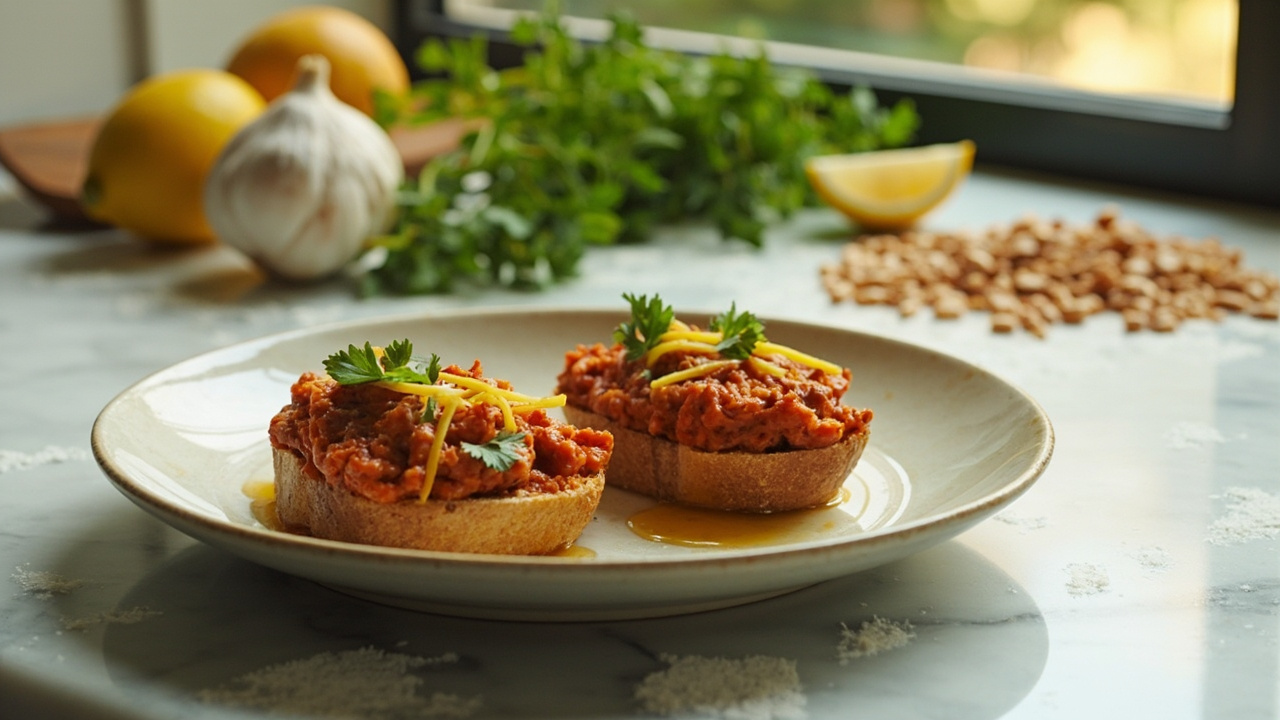 Slow-Reduced Pinto Bean Purée with Smoked Paprika and Garlic on Crostini
