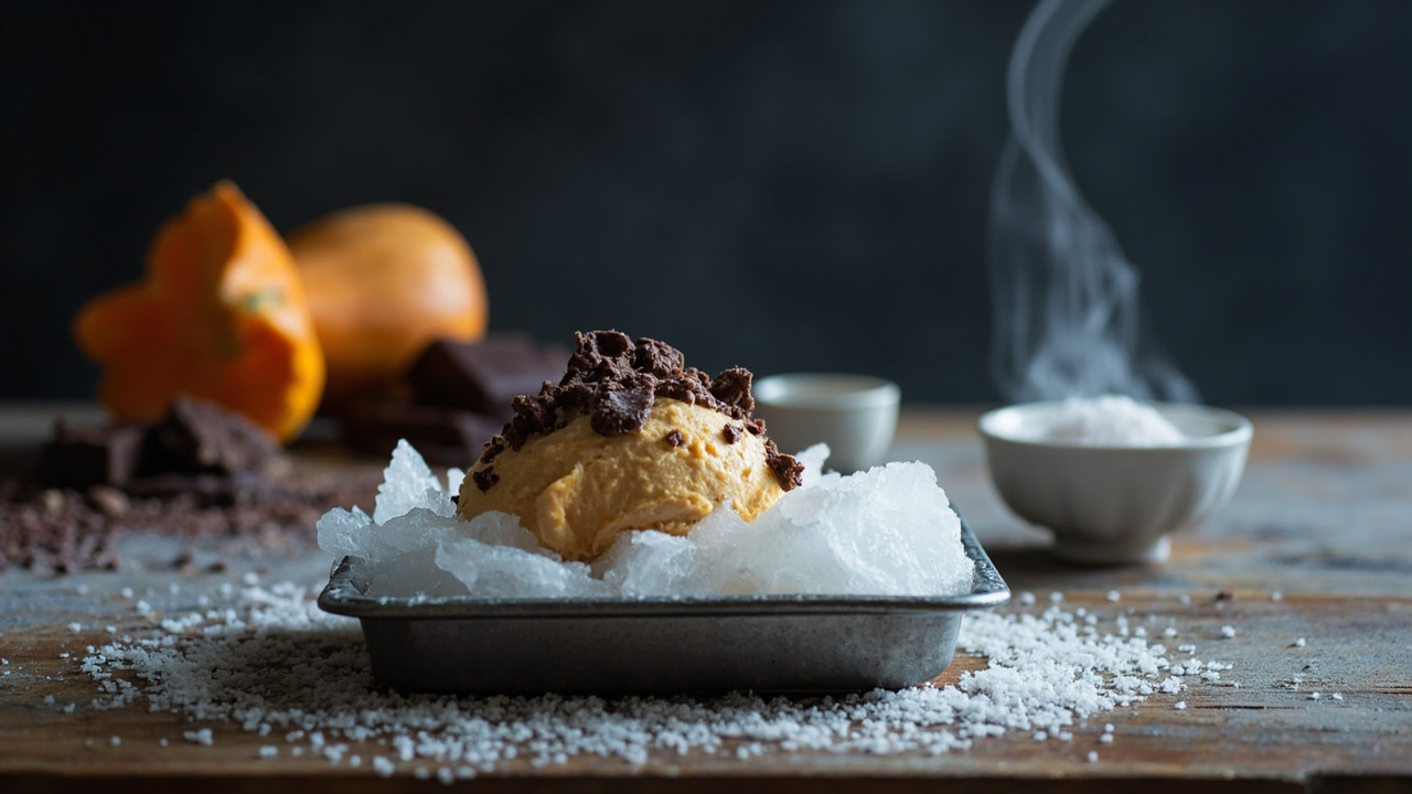 Smoked Butternut Squash Frozen Yogurt with Dark Chocolate and Sea Salt