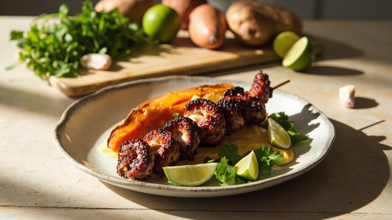 Smoked Paprika Octopus Skewers with Lime-Roasted Sweet Potato