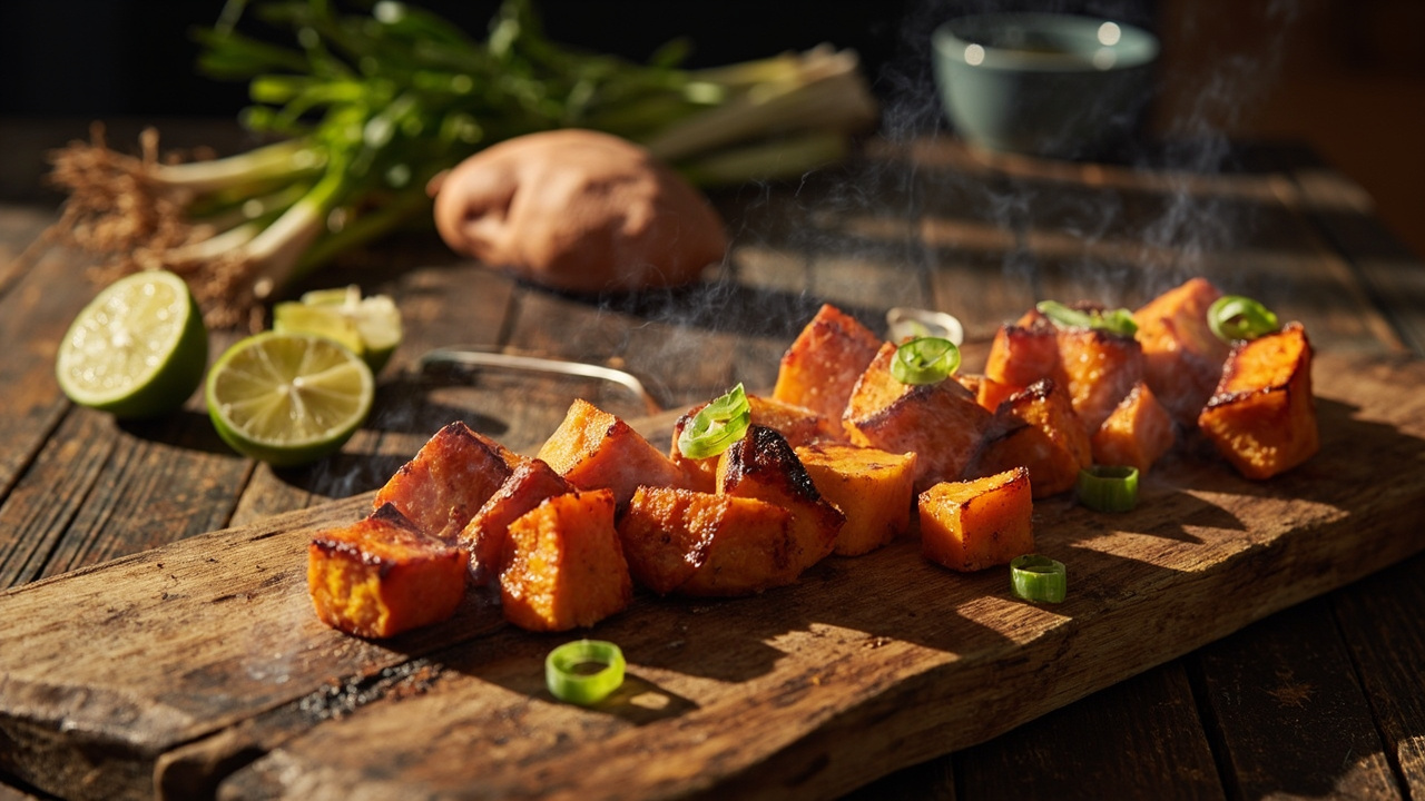 Smoked-Paprika Sweet-Potato Bites with Charred Scallion and Lime