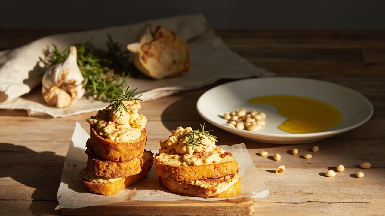 Smoked Paprika White Bean Crostini with Roasted Garlic and Thyme