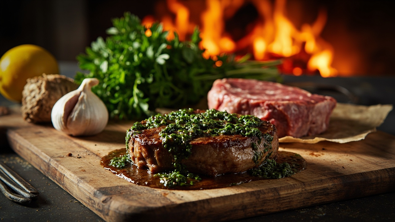 Smoky Beef Steak with Charred Chimichurri Over Fire