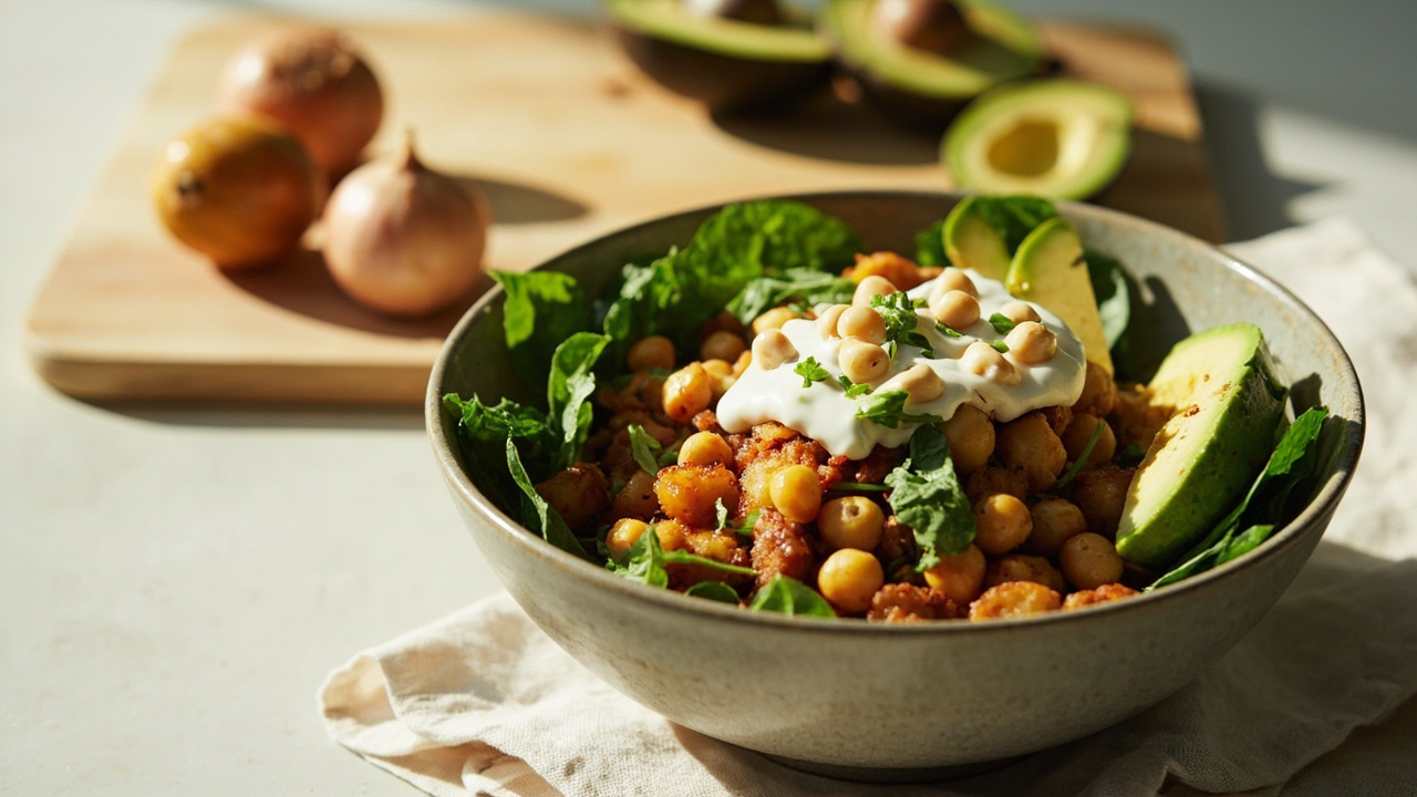 Smoky Chickpea and Potato Hash with Cashew Cream and Avocado