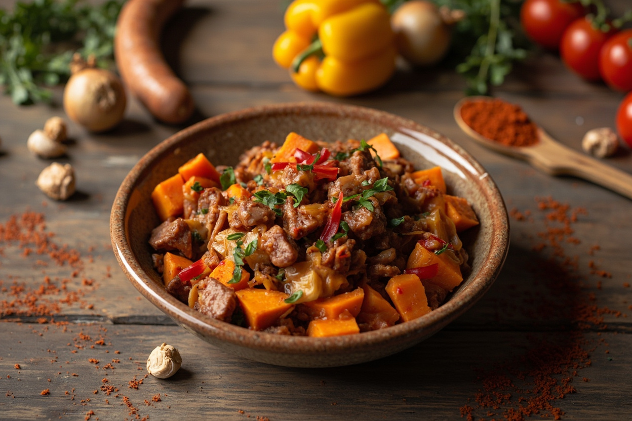 Smoky Paprika Sausage and Sweet Potato Hash