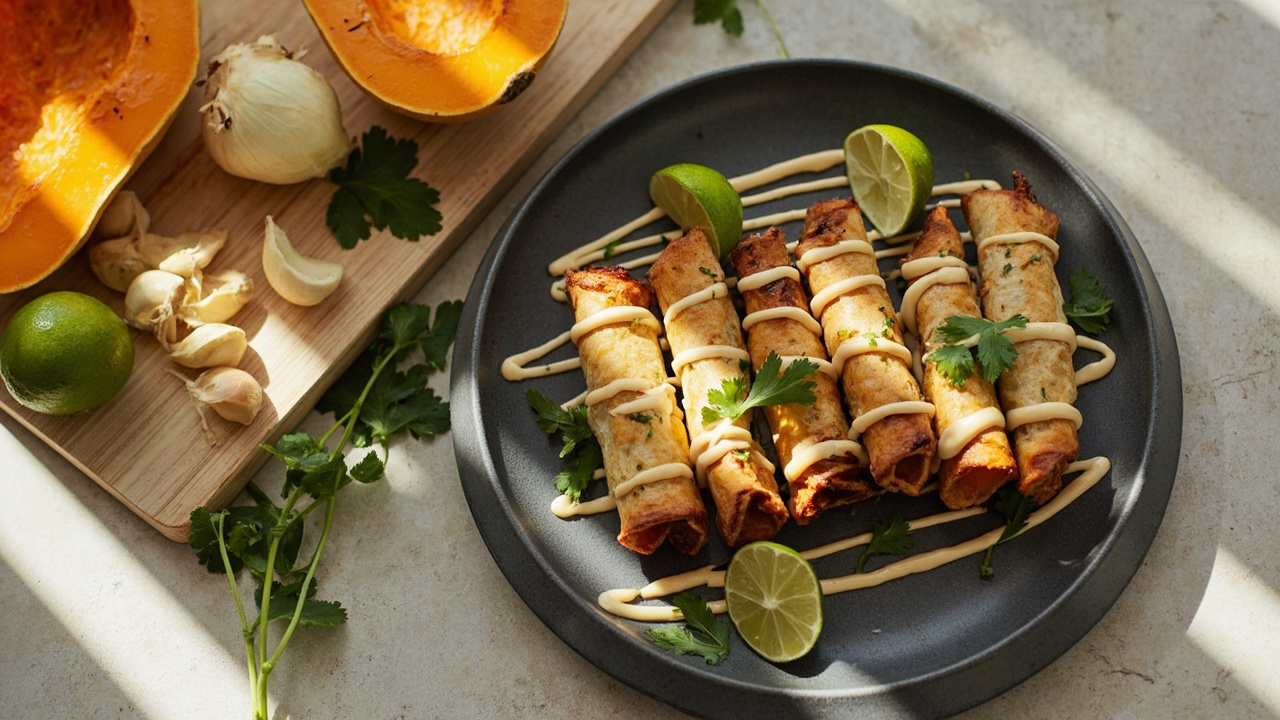 Smoky Pinto Bean and Butternut Squash Taquitos with Tahini-Lime Drizzle