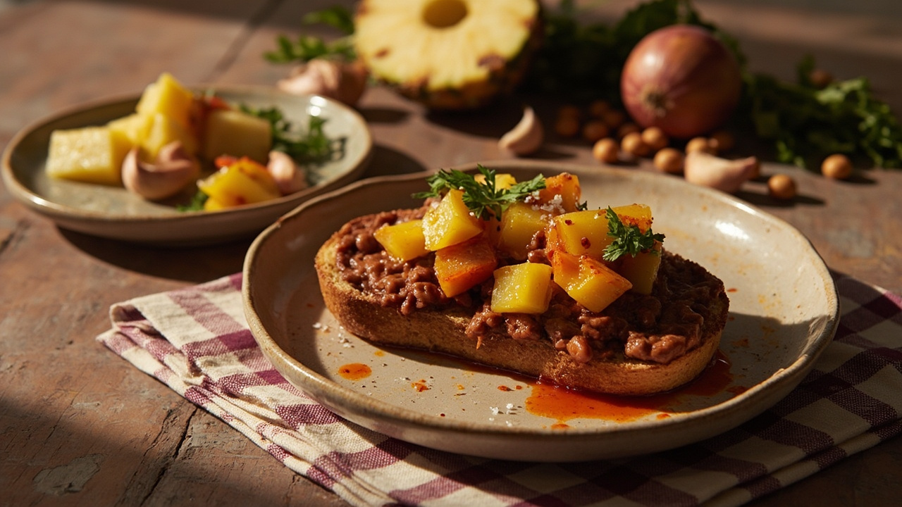 Smoky Pinto Bean Bruschetta with Paprika Butter and Pineapple