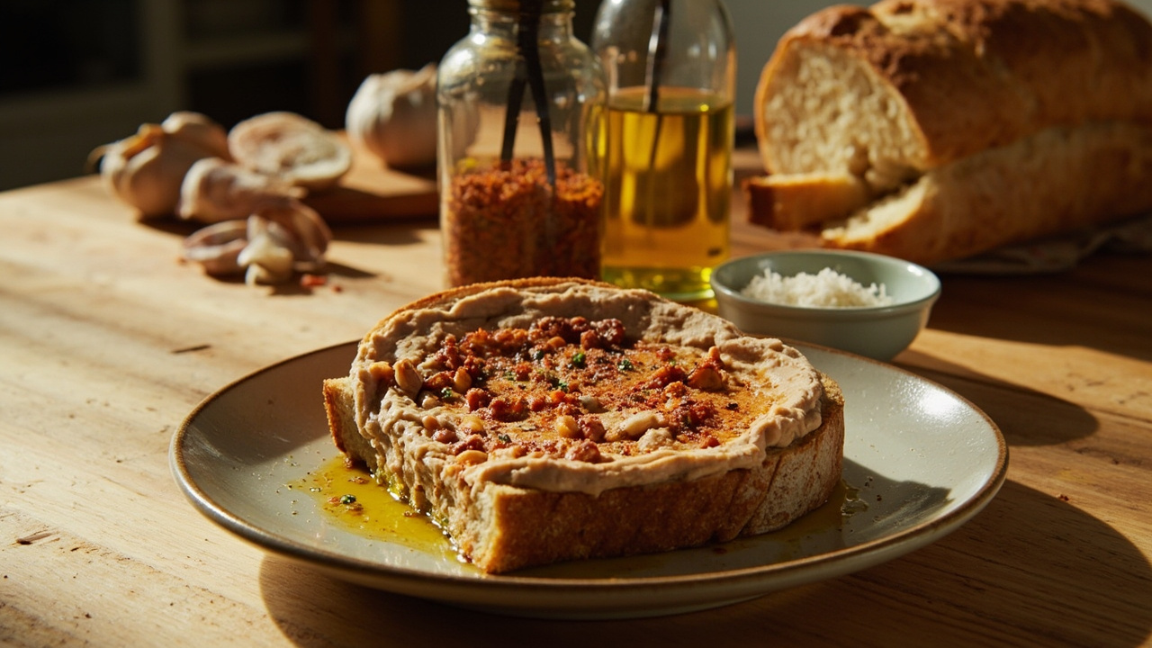 Smoky Pinto Bean Dip with Garlic and Olive Oil on Toast