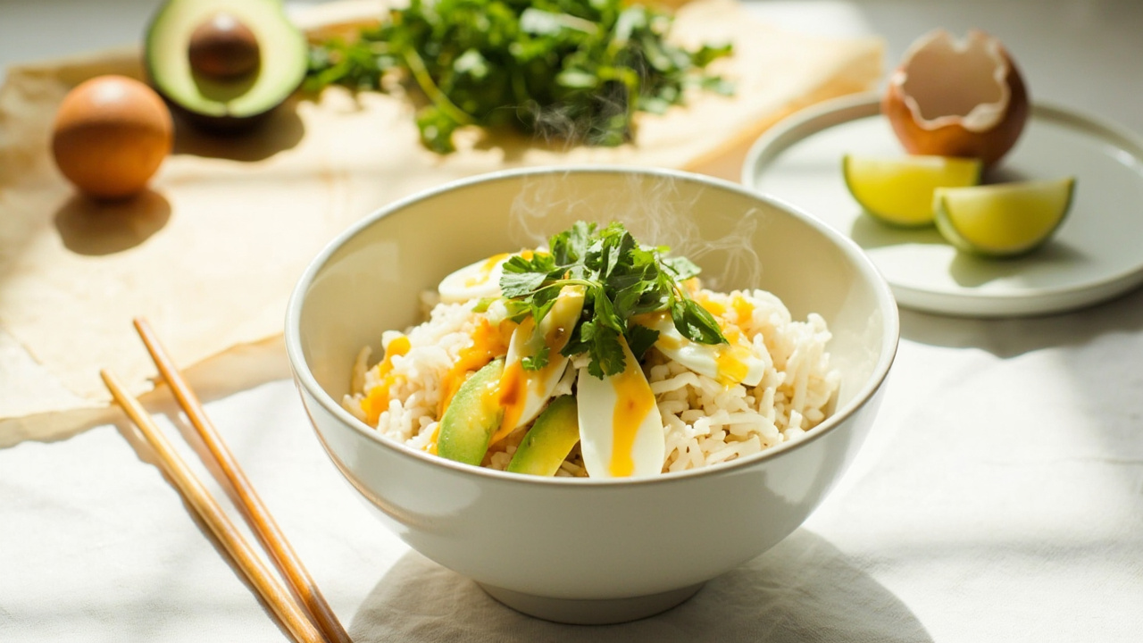 Soft‑Boiled Egg and Avocado Rice Bowl with Herb Lime Drizzle
