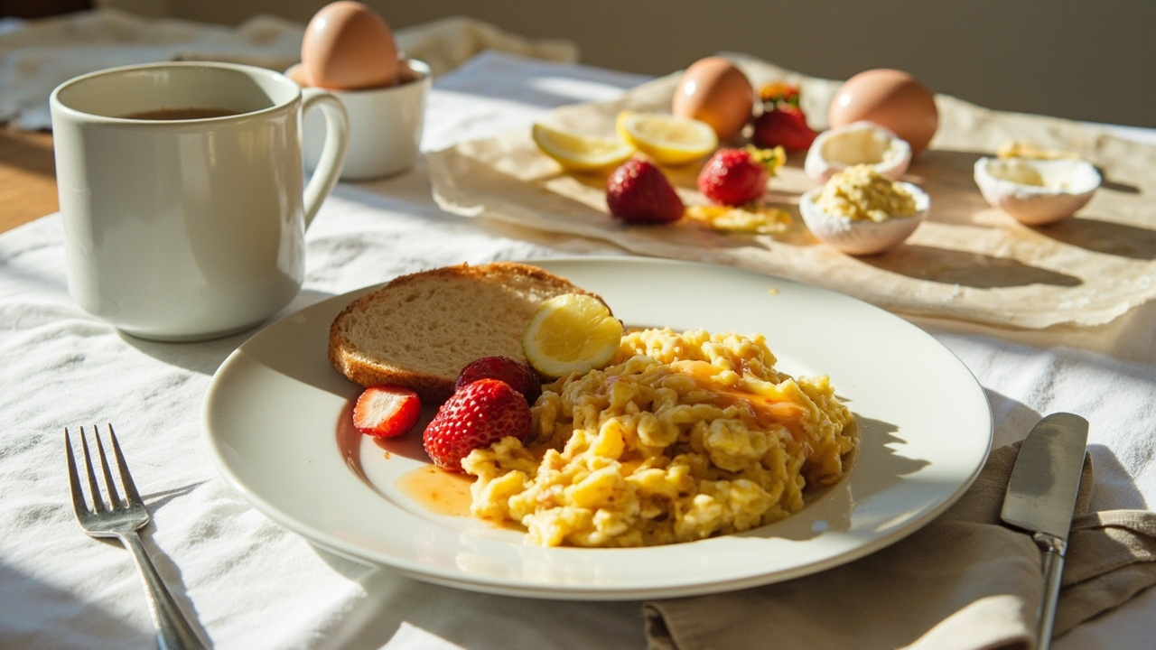 Soft Scrambled Eggs with Honey Strawberries