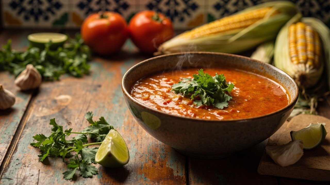 Sopa de Tomate y Maíz con Cilantro y Limón