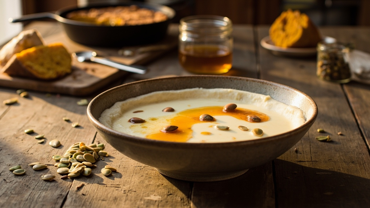 Southern Sour Cream Panna Cotta with Hot Honey and Candied Pumpkin Seeds