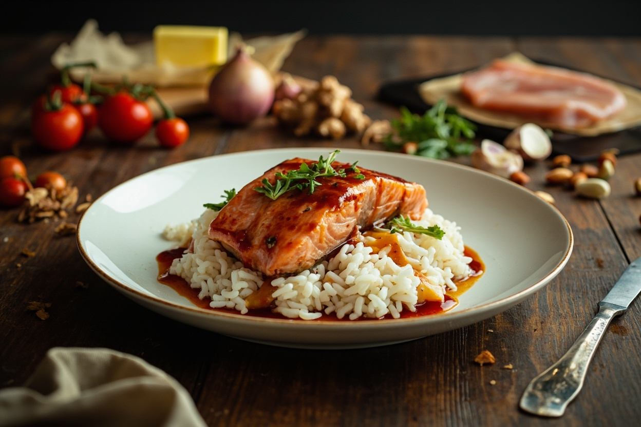 Soy-Butter Glazed Salmon over Steamed Rice