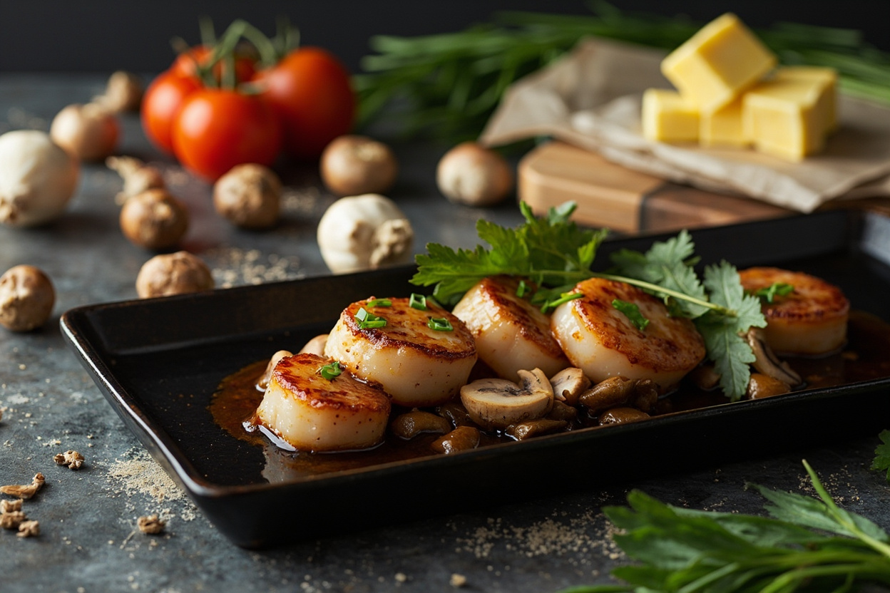 Soy-Butter Scallops with Mushrooms