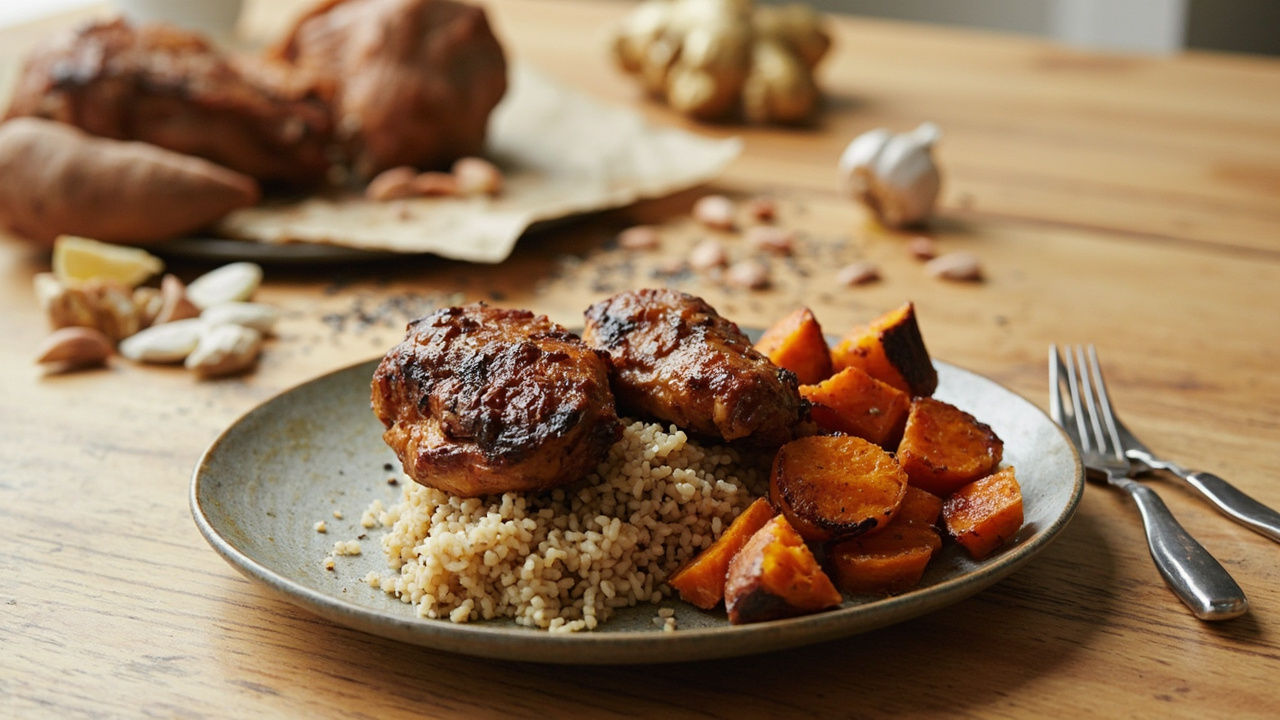 Soy-Ginger Chicken Thighs with Quinoa and Roasted Sweet Potatoes