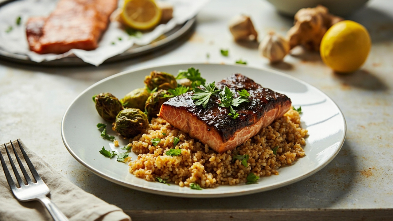 Soy-Ginger Glazed Salmon with Quinoa & Roasted Brussels Sprouts
