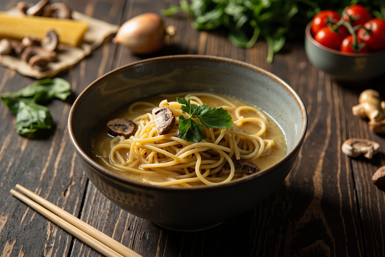 Soy-Ginger Mushroom Noodle Soup with Spinach