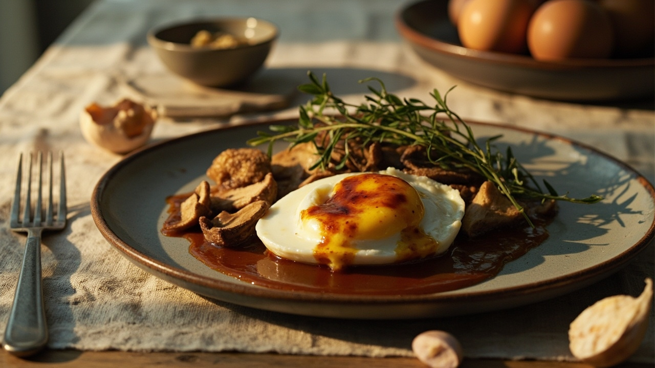 Soy-Glazed Soft-Boiled Egg with Sautéed Mushroom and Thyme Butter