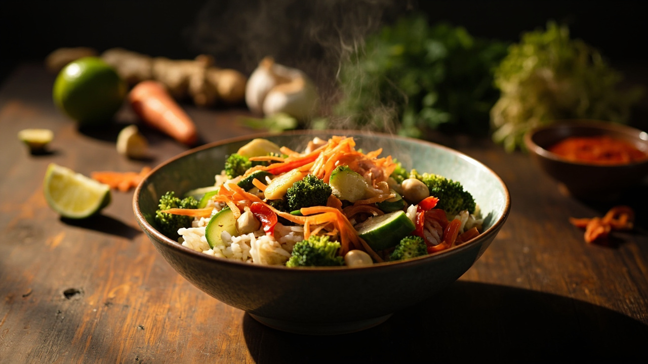 Soybean and Vegetable Rice Bowl with Ginger-Lime Dressing