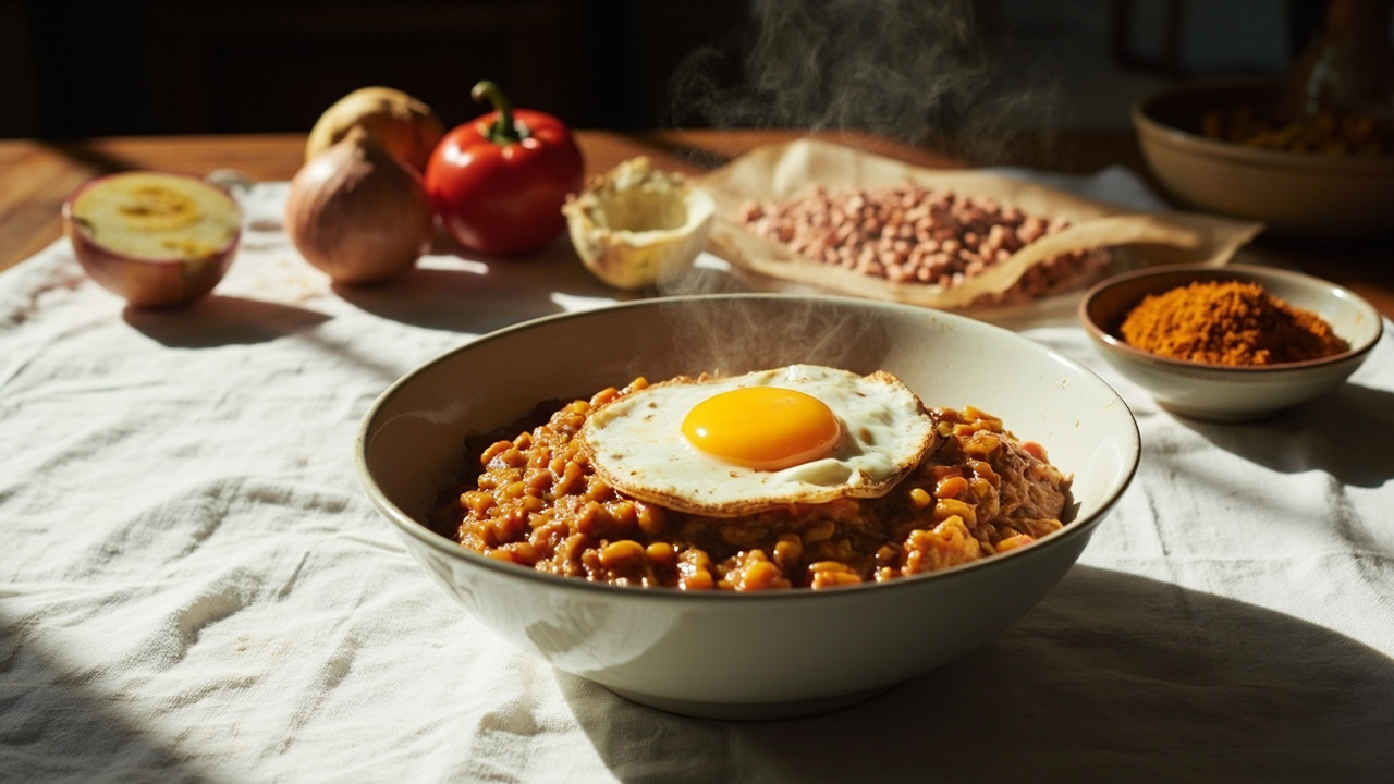 Spiced Red Lentil Dal with Fried Egg over Rice