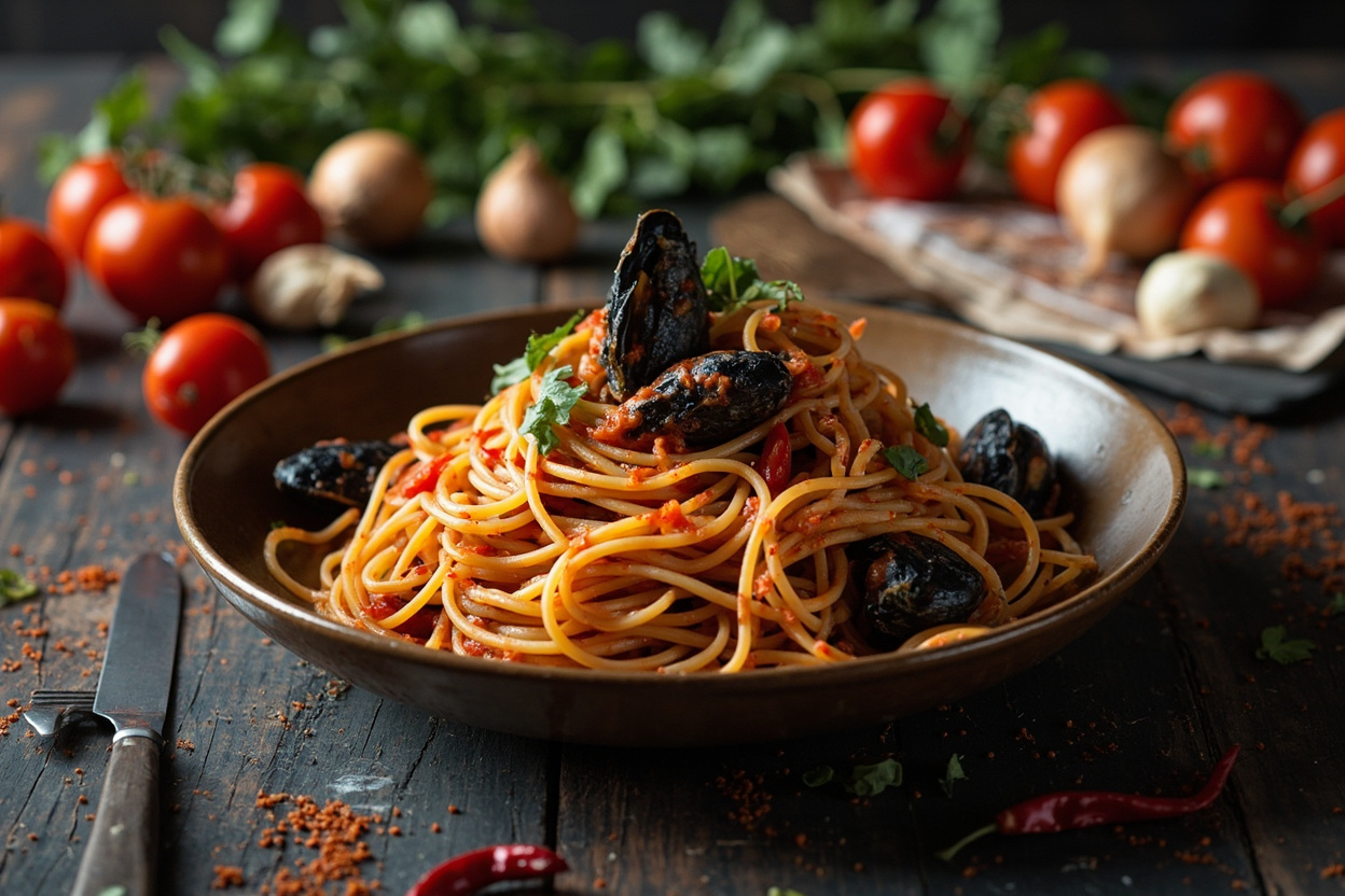 Spicy Mussel and Tomato Spaghetti