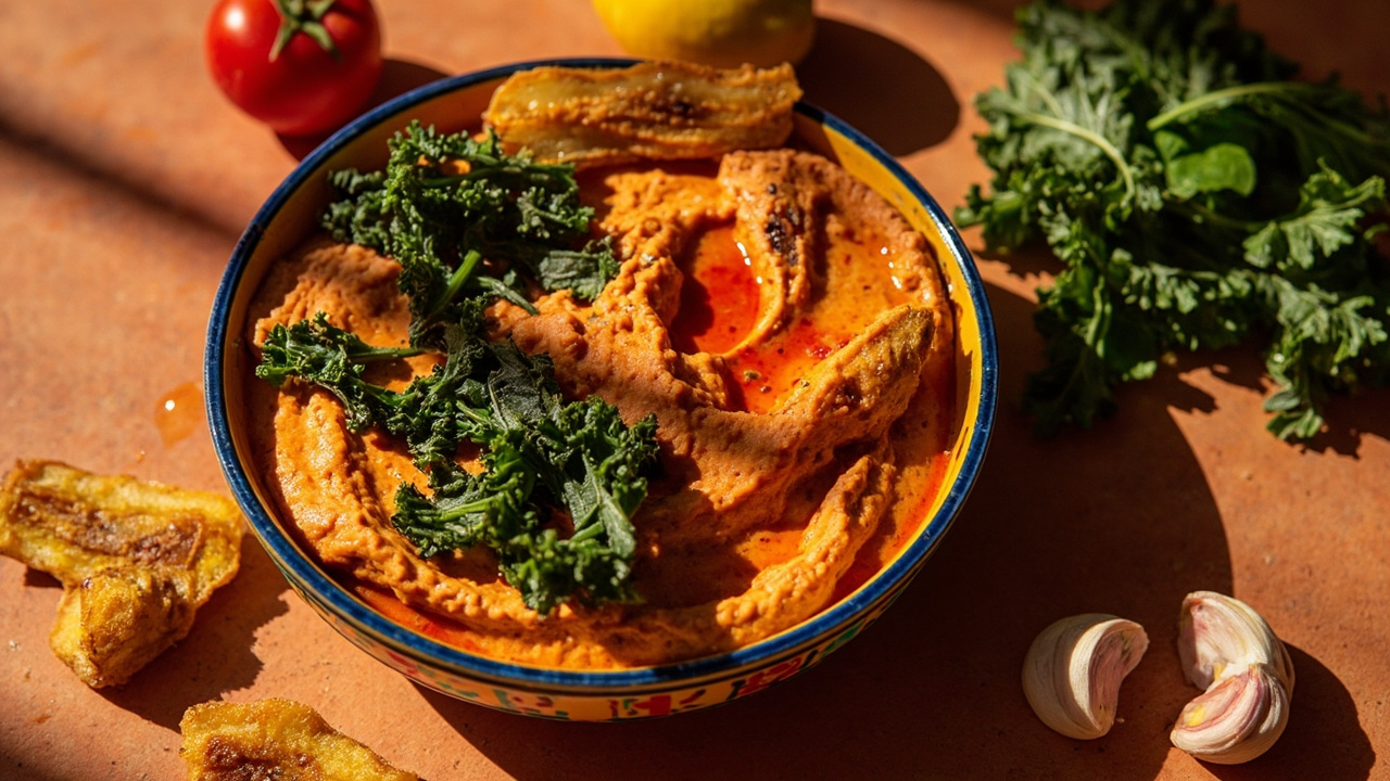 Spicy Peanut‑Tomato Dip with Sriracha and Crispy Kale