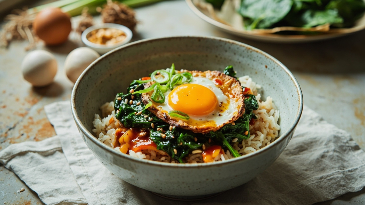 Spinach and Egg Rice Bowl with Hot Sauce and Rice Vinegar