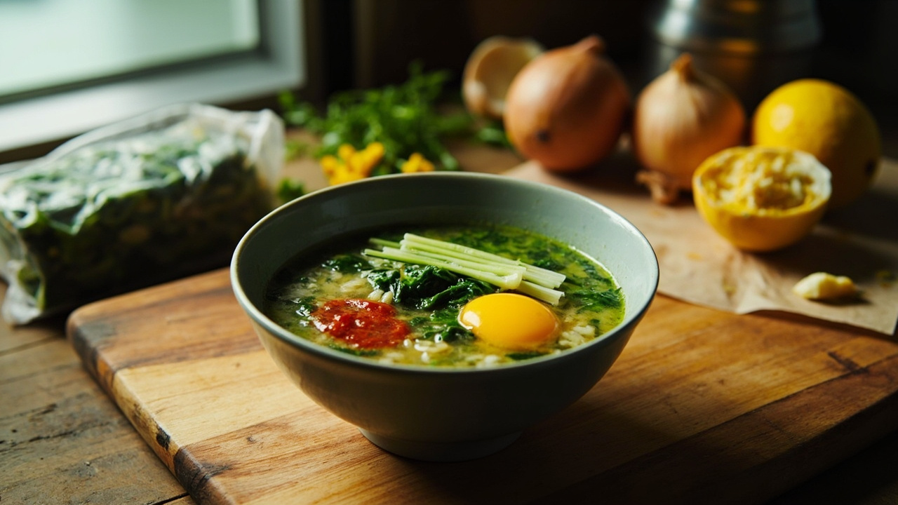 Spinach and Egg Rice Soup with Sriracha and Lemon