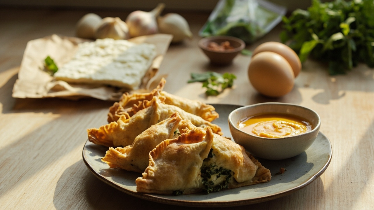 Spinach and Feta Turnovers with Lemon Sriracha Mayo
