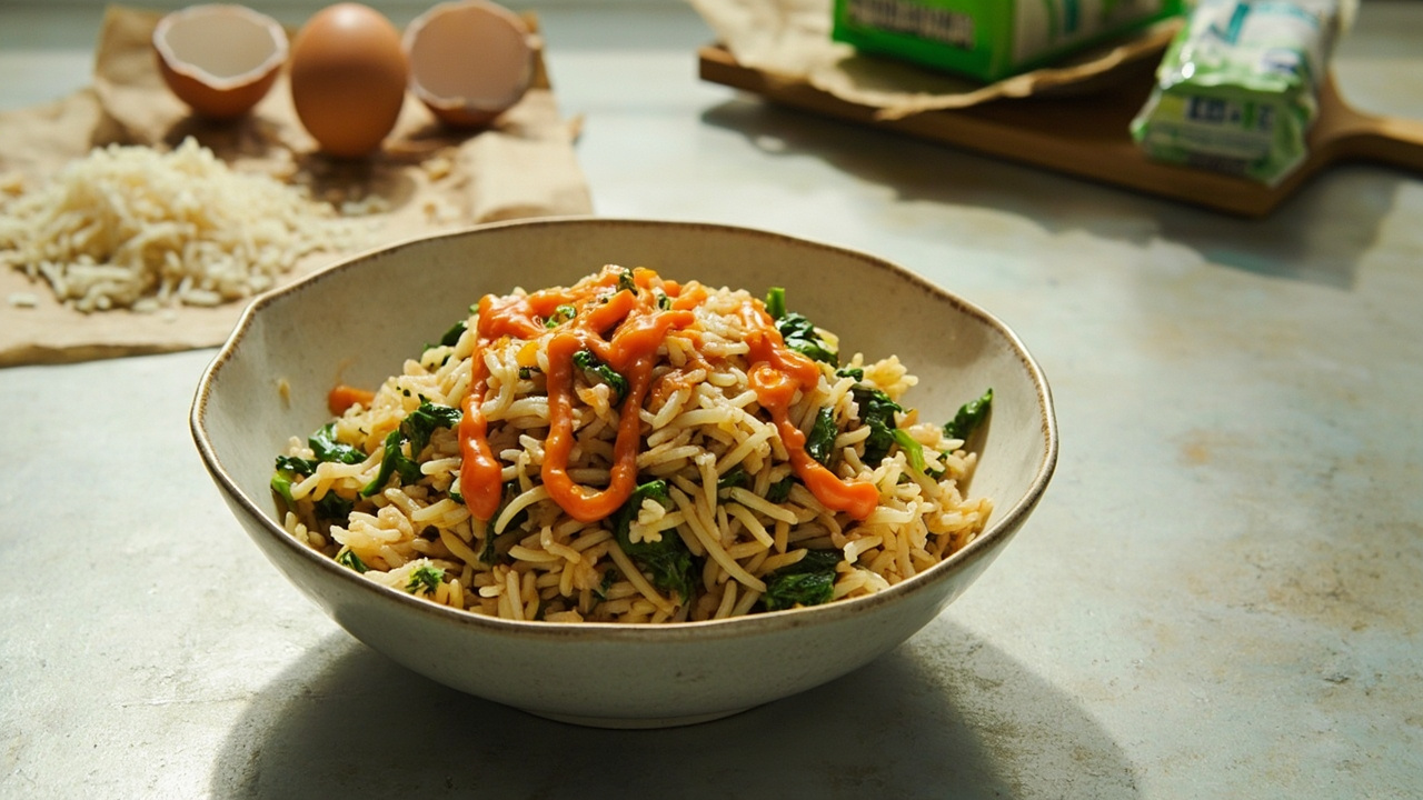 Spinach Egg Fried Rice with Sriracha Butter