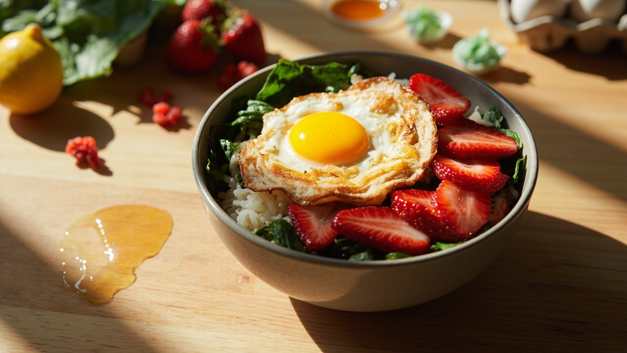 Spinach Strawberry Breakfast Bowl with Fried Egg