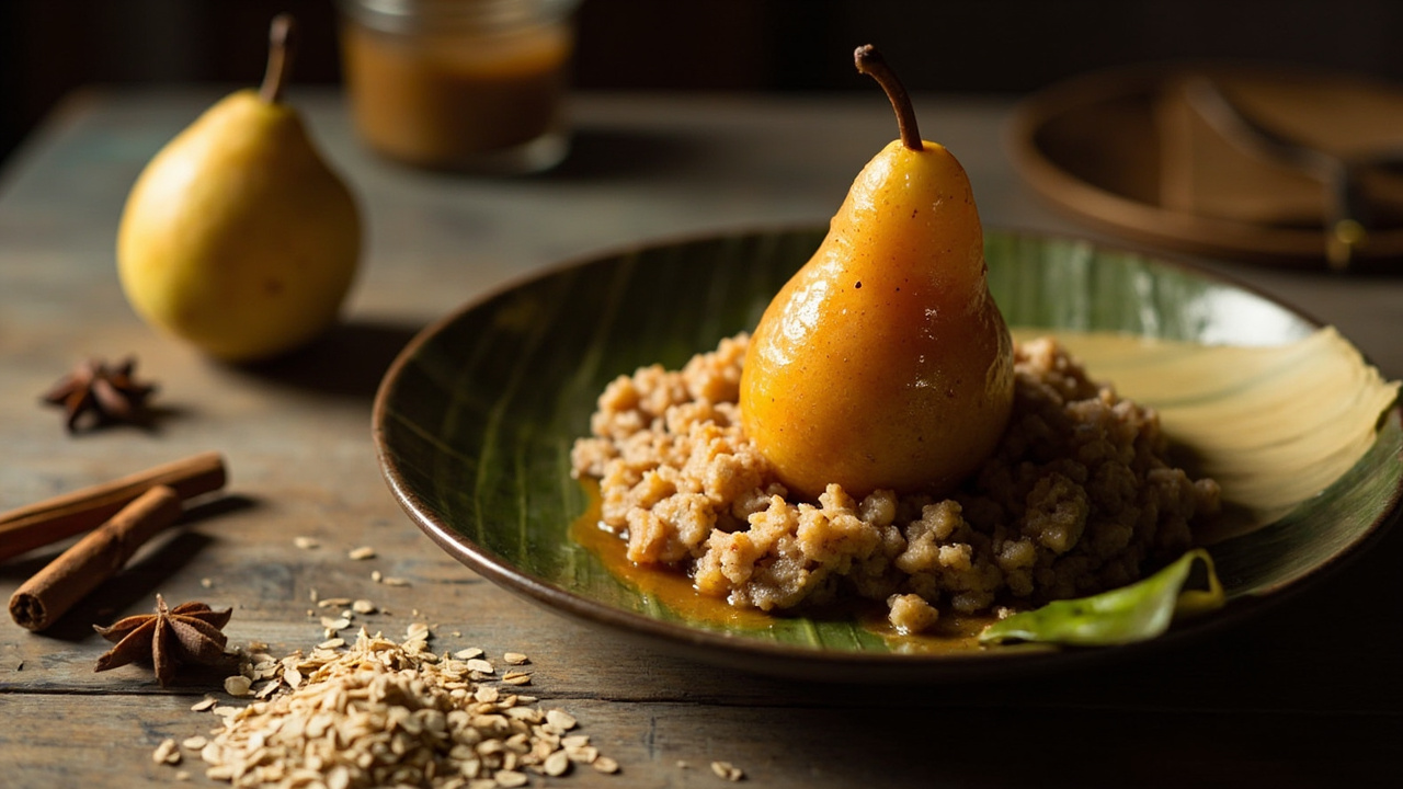 Star Anise and Maple Syrup Poached Pears with Oat‑Almond‑Sesame Crumble