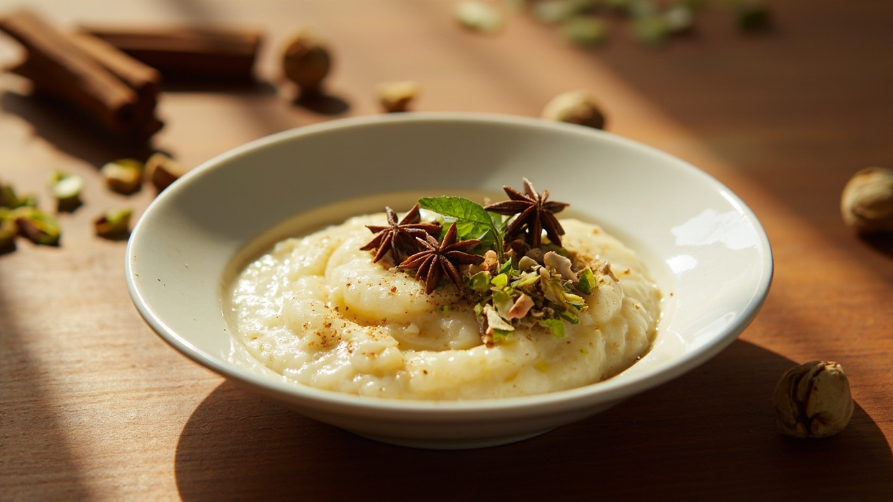 Star Anise Rice Pudding with Rose Water and Pistachios