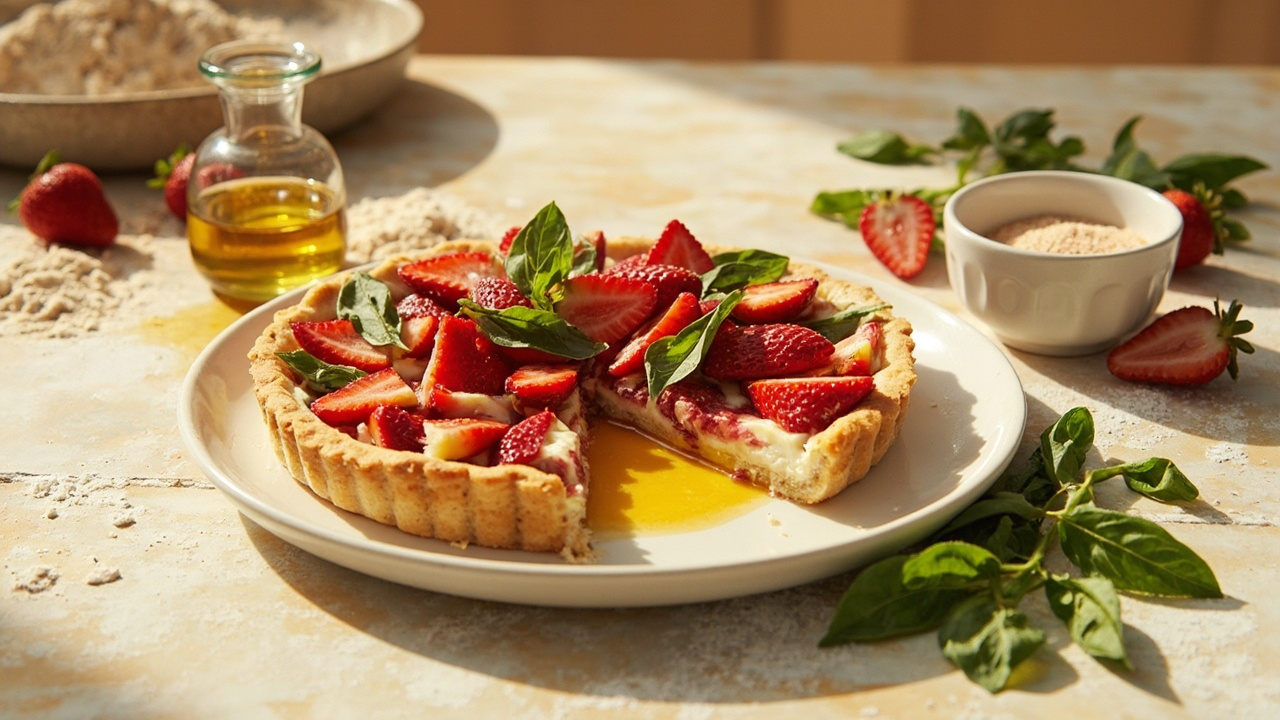 Strawberry Ricotta Tart with Olive Oil Crust and Basil