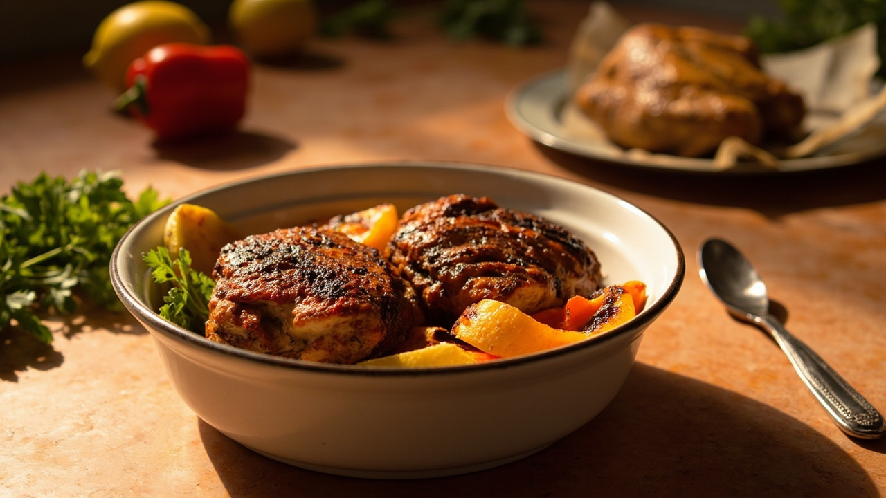 Suya-Spiced Chicken Thighs with Grilled Bell Peppers