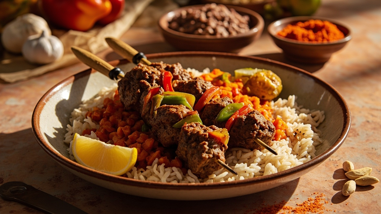 Suya-Spiced Ground Beef Skewers with Bell Pepper and Garlic