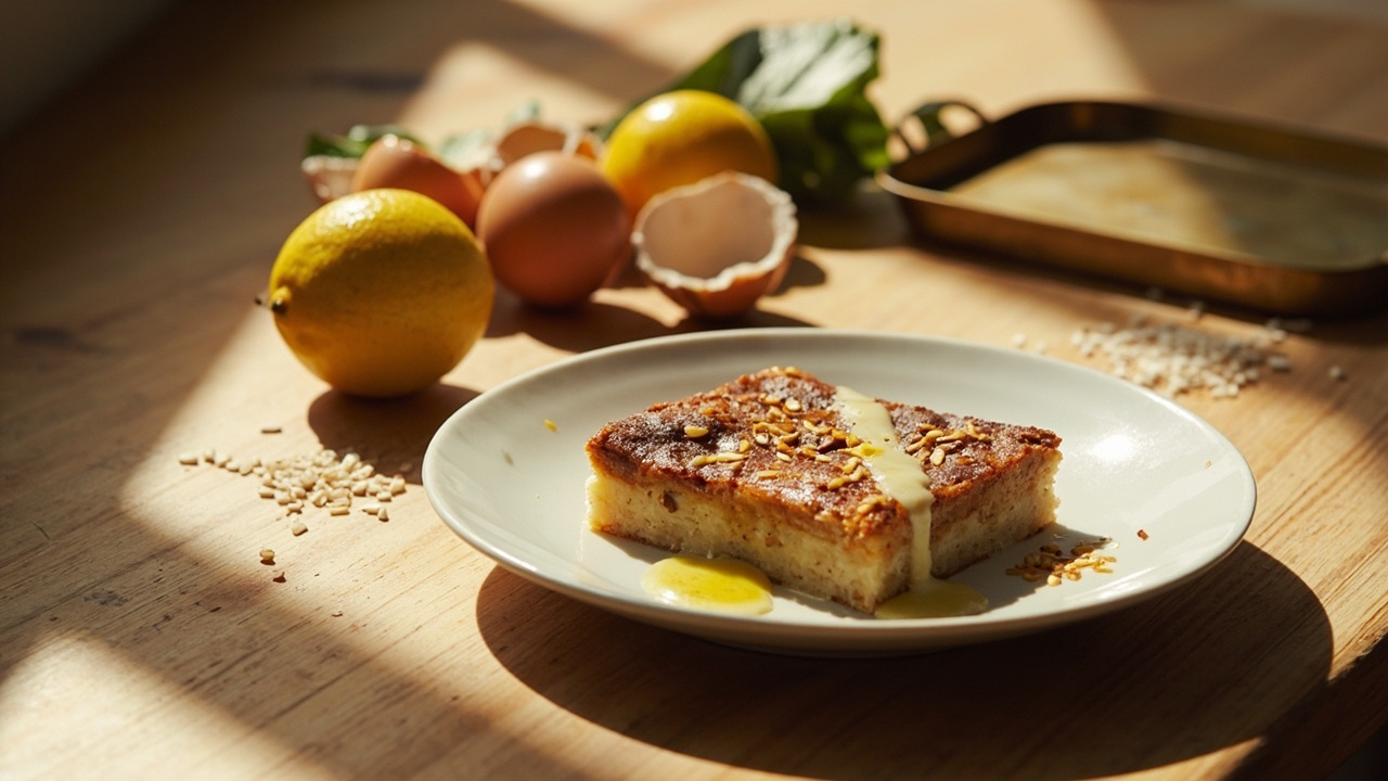 Tahini Olive Oil Cake with Lemon Yogurt Drizzle and Toasted Sesame