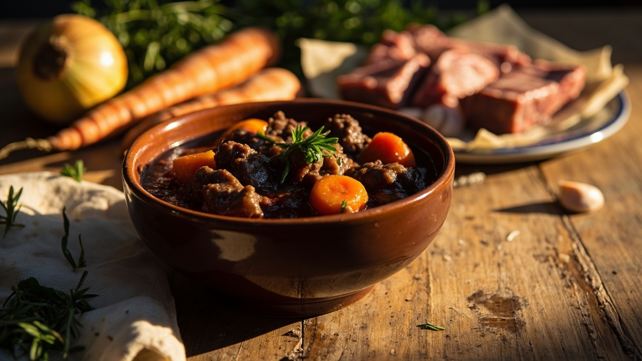 Tender Beef Stew with Red Wine, Carrots, and Fresh Rosemary