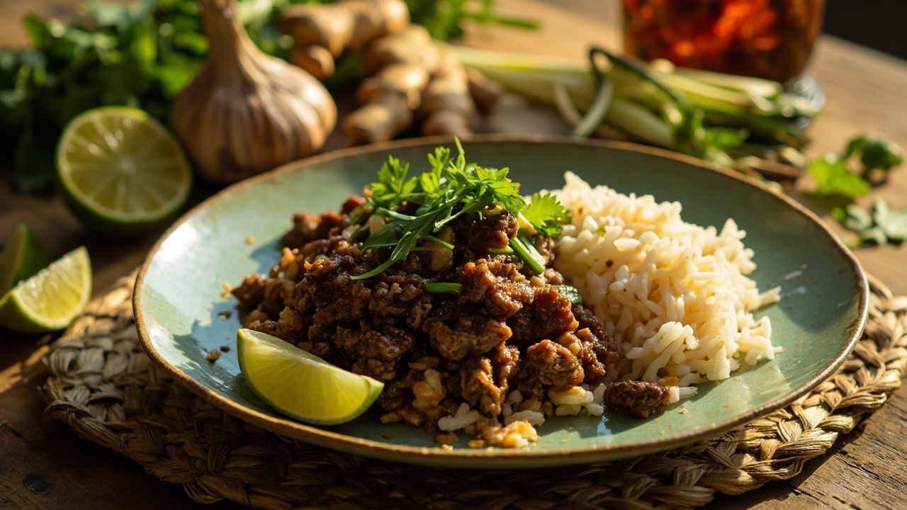 Thai-Inspired Garlicky Ground Beef with Jasmine Rice
