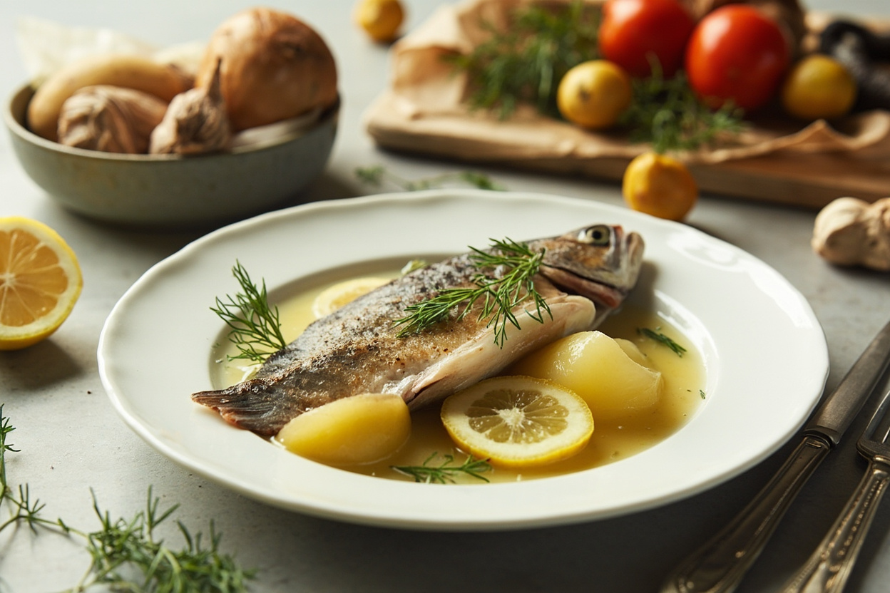 Trout poached with lemon and dill