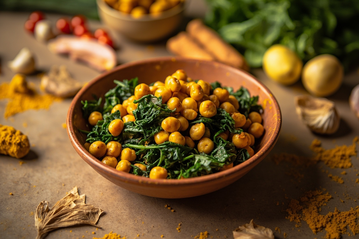 Turmeric Chickpeas with Wilted Spinach