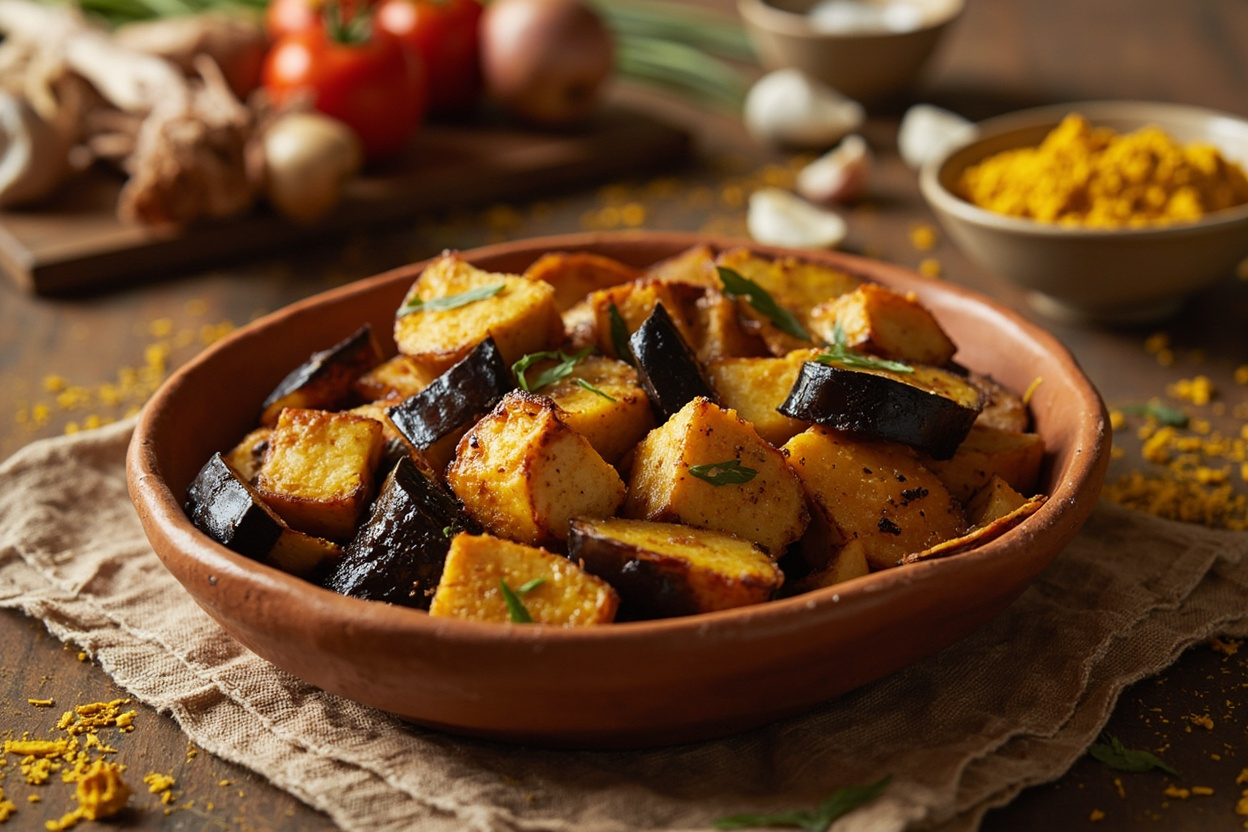Turmeric Eggplant and Tofu Traybake