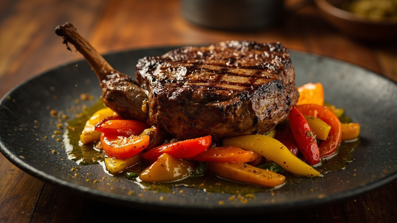 Txuleta a la Brasa con Pimientos y Vinagreta Picante